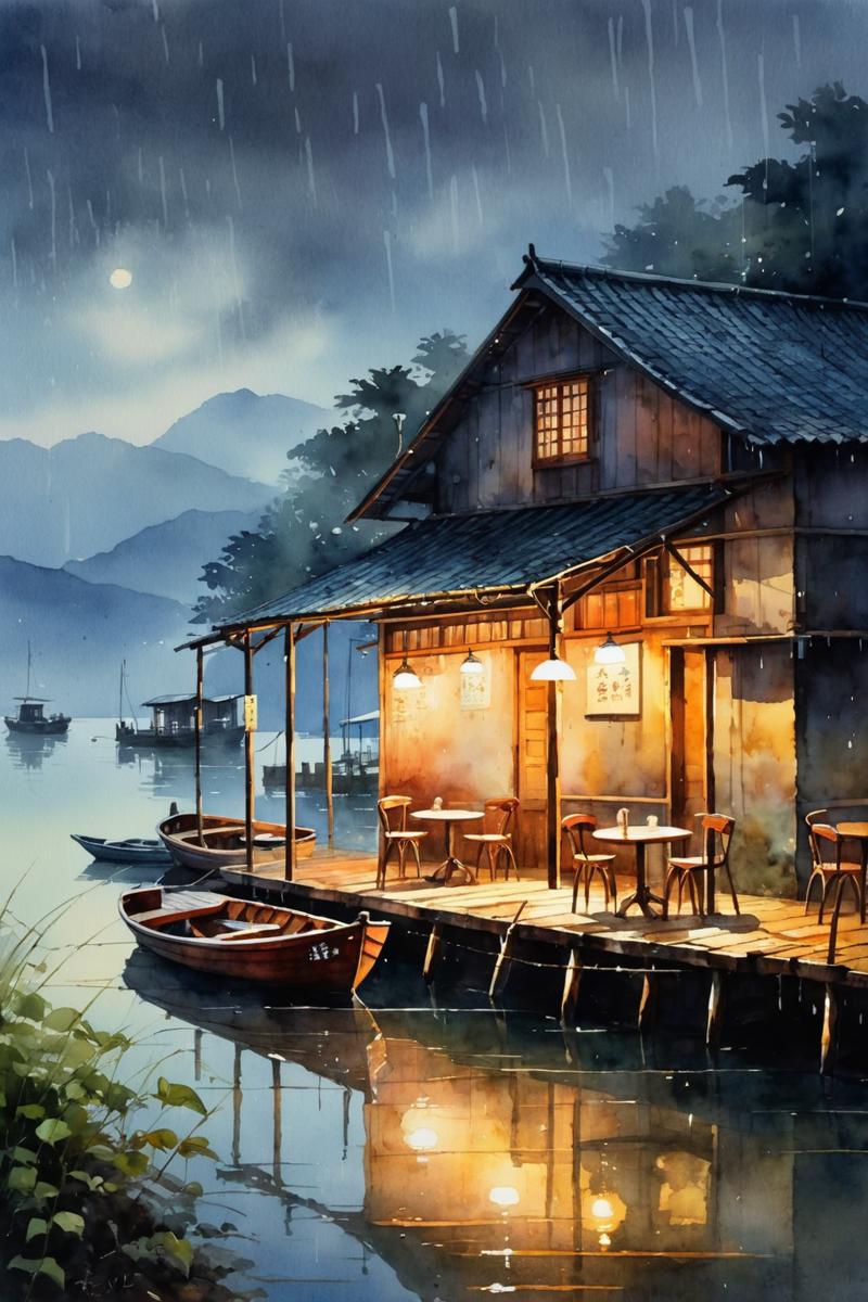 01259-2654274170-The cafe on the island in the center of the lake is dimly lit in the evening,and there are boats parked by the trestle,light rai.png